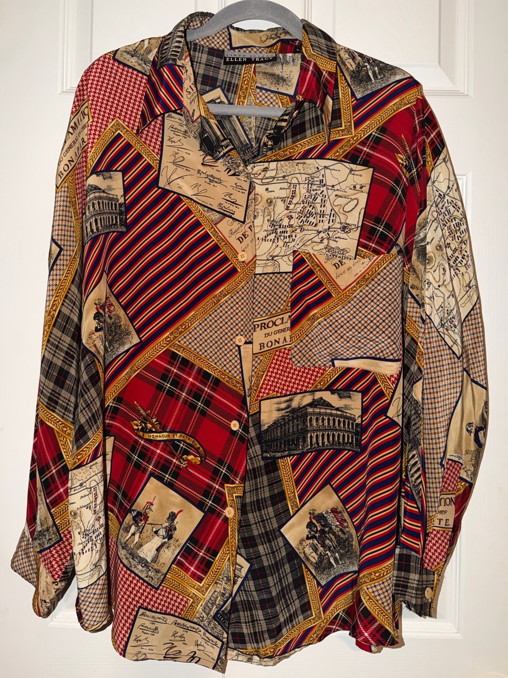 Vintage 90s Linda Allard Ellen Tracy 100% Silk Patchwork Scarf Print Blouse